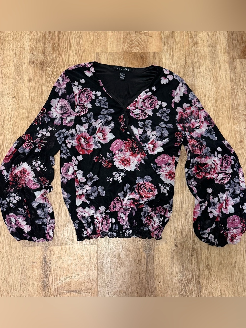 A Love Story Mesh Floral Wrap Top Smocked Whimsigoth